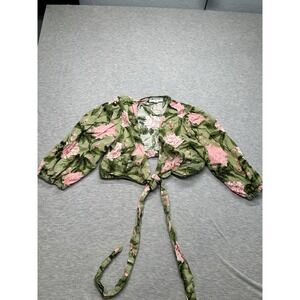 Agua Bendita x Target Peony Flowers Woman Size M Green Tie Top Blush Linen Blend